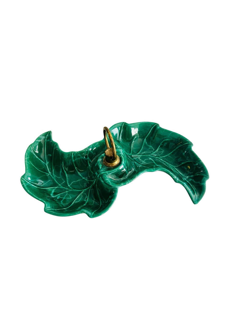 Vintage Sylvan California Pottery Green Double Leaf Candy Nut Dish Brass Handle